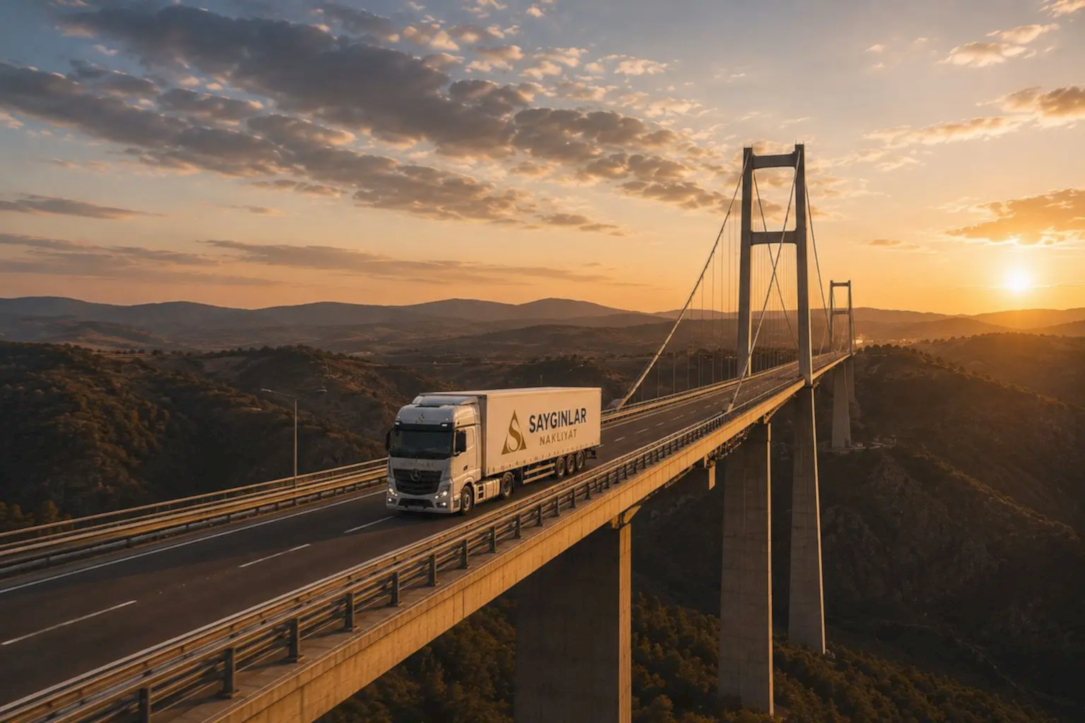 Saygınlar Nakliyat uluslararası taşımacılık TIR'ı köprüde gün batımında yol alıyor